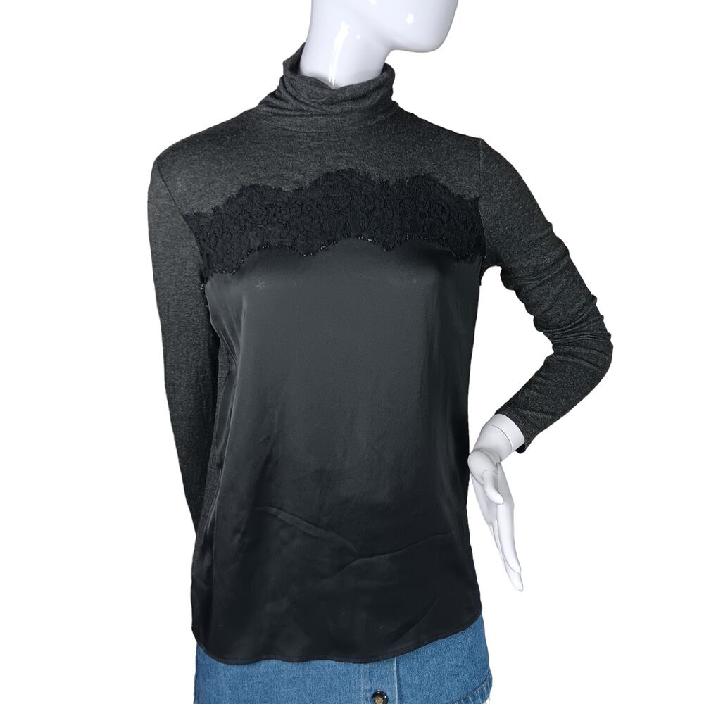 Joe Fresh Blouse Size Small Black and Gray High Neck Long Sleeve Lace and Satin